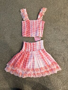 Girls Pink Tie-Dye Smocked Crop Top & Lace-Trim Skirt Set